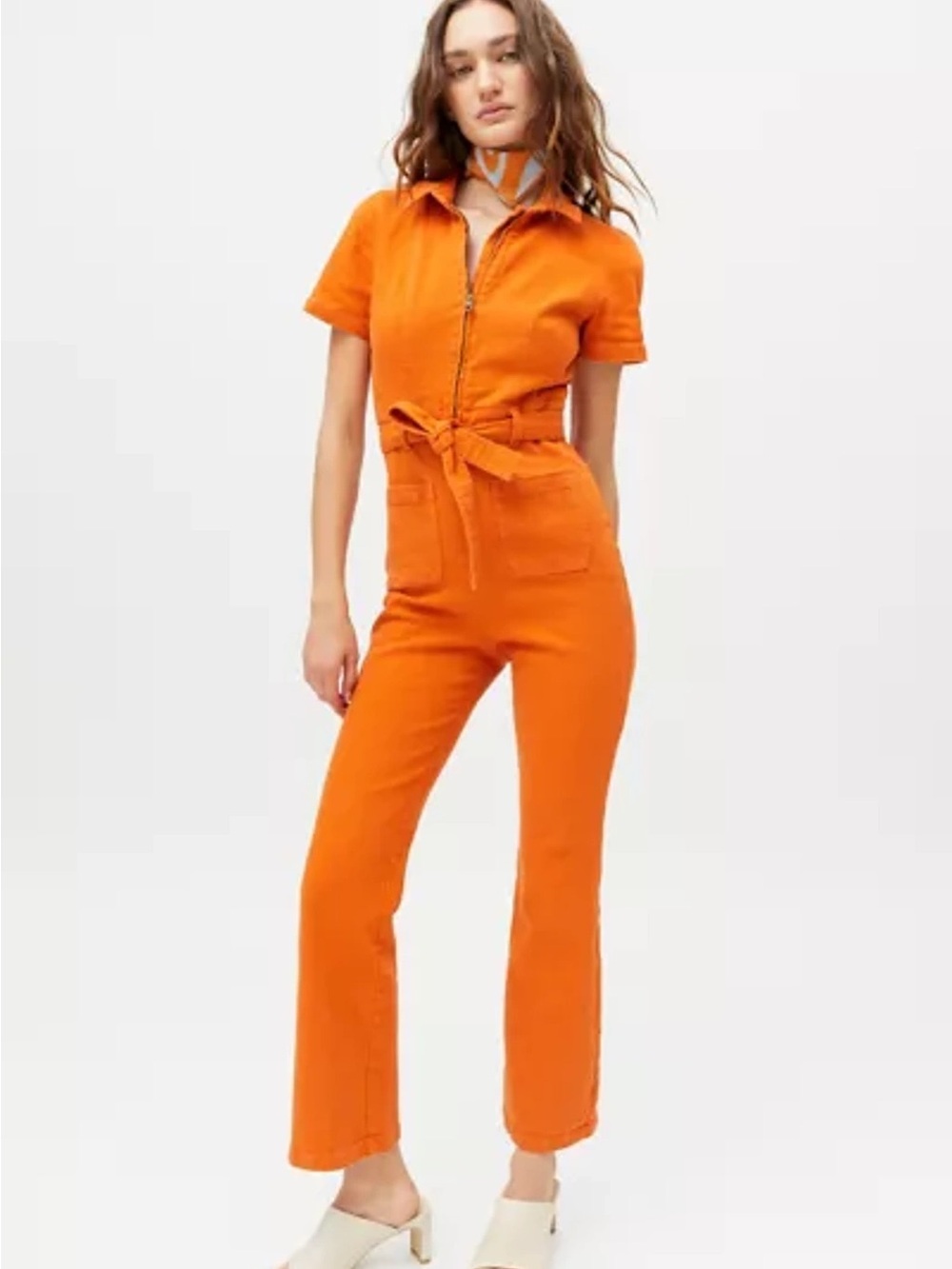 Urban Outfitters Orange Short-Sleeve Tie-Waist Utility Jumpsuit